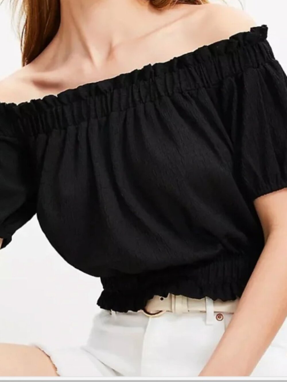 NWT Boho Peasant LOFT Black Crinkle Jacquard Off Shoulder Top Small Smocked Crop